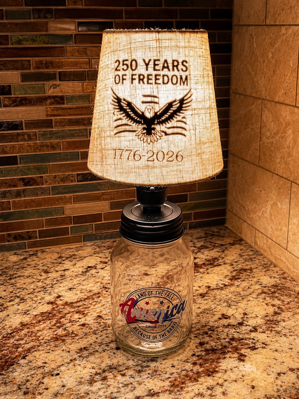 Patriotic Mason Jar Table Lamp with Printed Shade